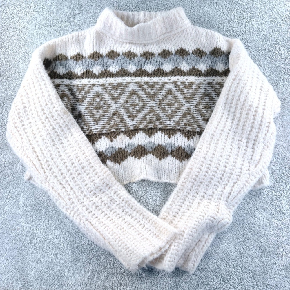 Free People Crop Fair Isle Mock Neck Wool Blend Sweater Womens XS Ivory